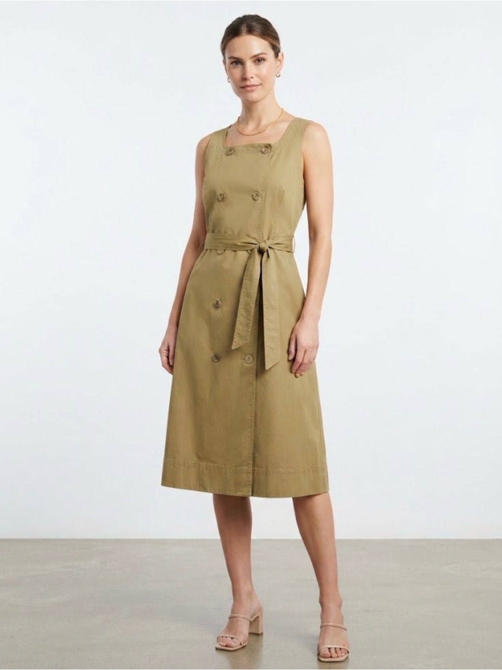 J. Crew Sleeveless Double-Breasted Belted Dress in Olive